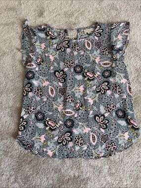 LOFT Gray Floral Flutter Sleeve Blouse with Pink Accents